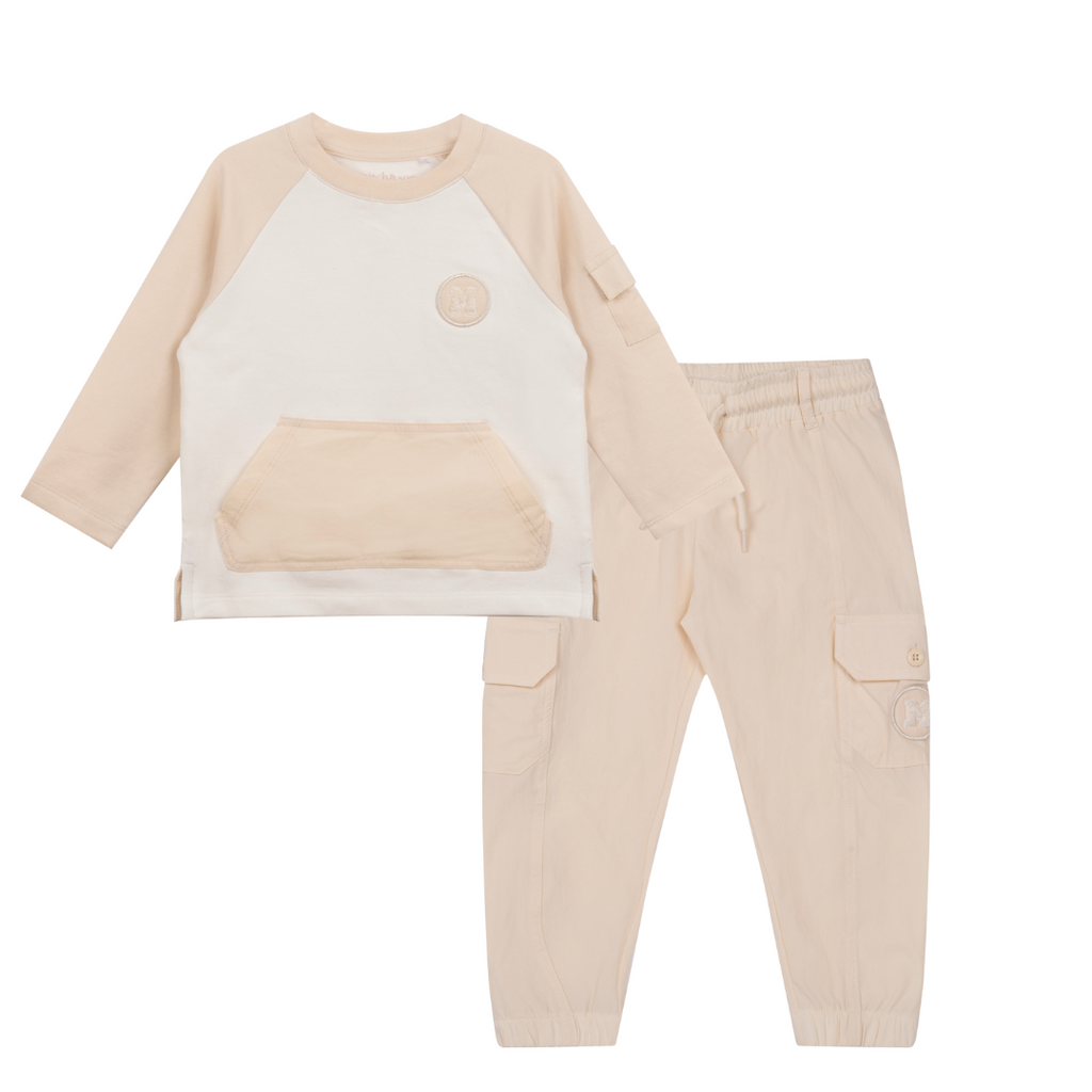 AW24 Mitch & Son AXEL & ANTON Beige & White Logo Top & Cargo Trouser Set