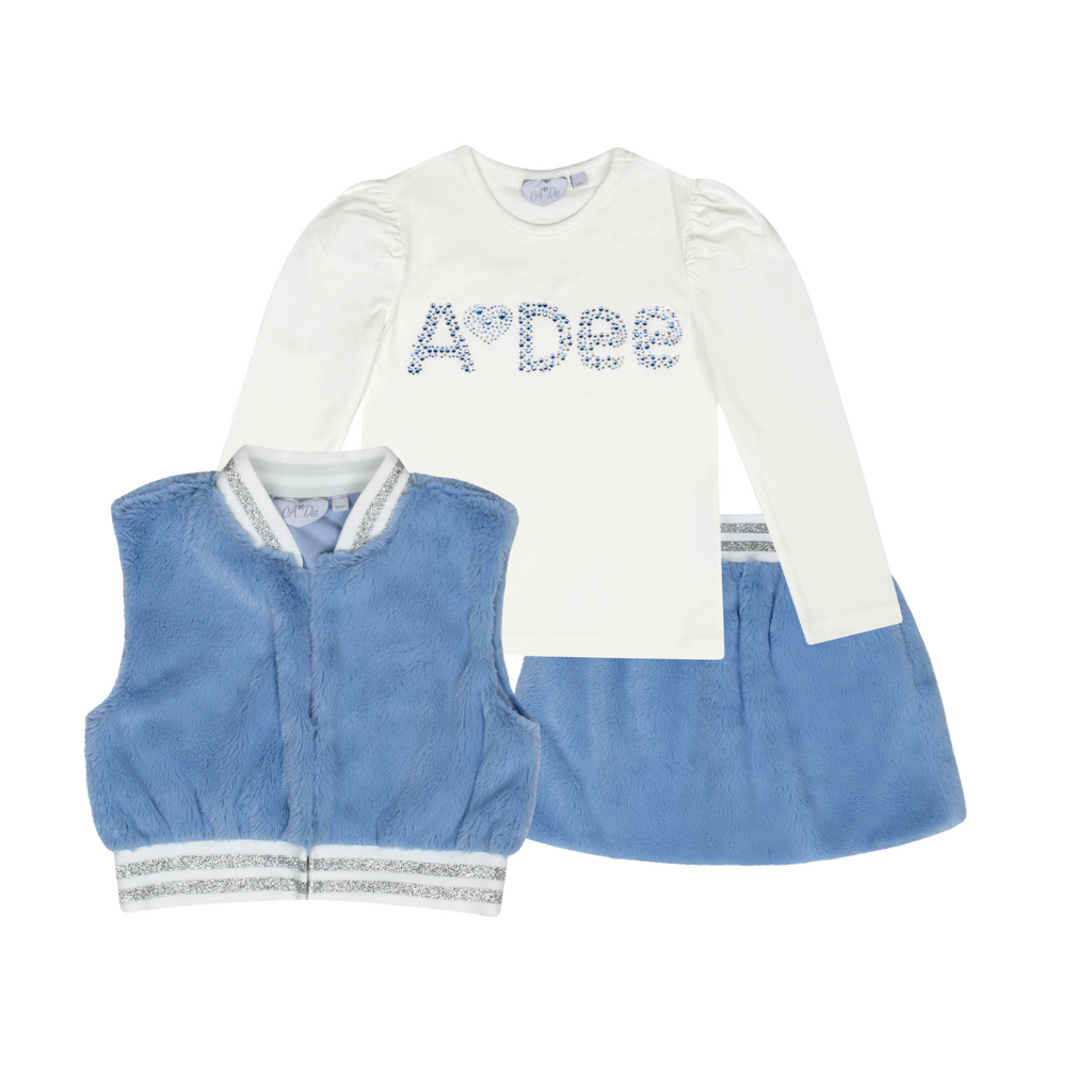 AW24 ADee PHEONIX & PRINNY Iced Blue & Snow White Faux Fur Three Piece Gilet & Skirt Set