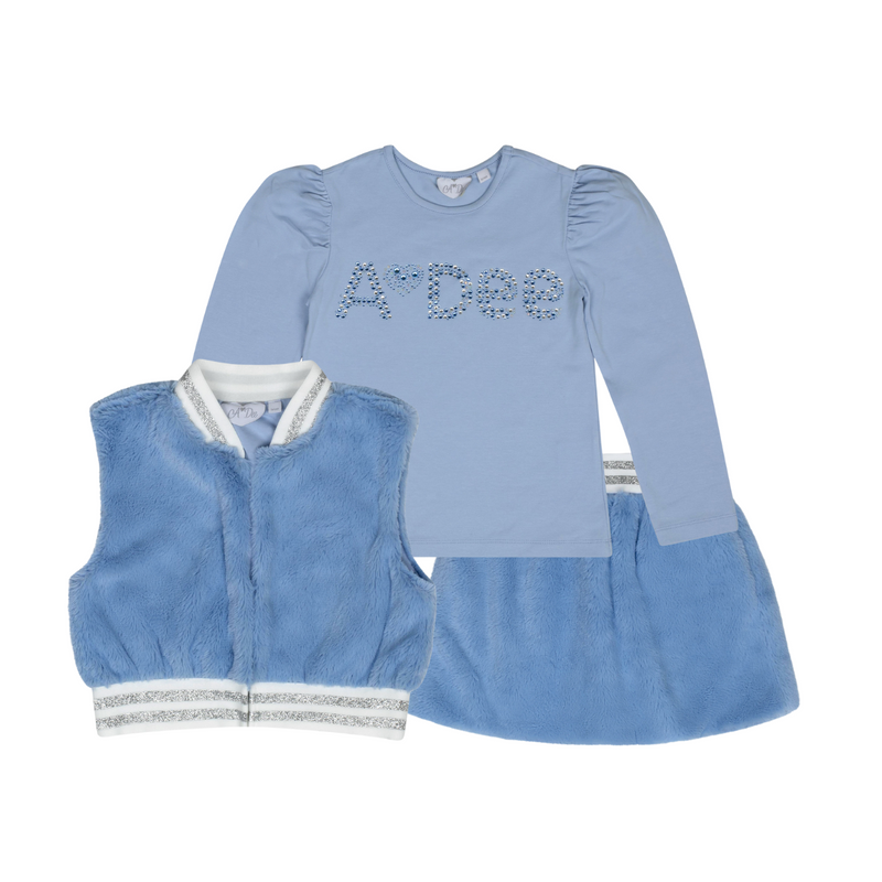 AW24 ADee PHEONIX & PRINNY Iced Blue Faux Fur Three Piece Gilet & Skirt Set