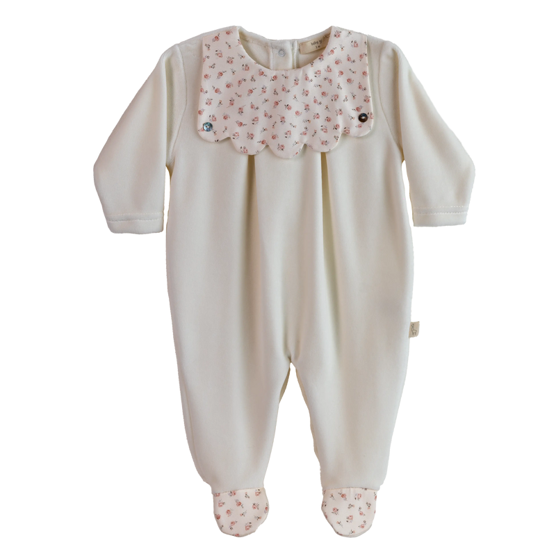 AW24 Baby Gi Ivory Velour Floral Scallop Babygrow