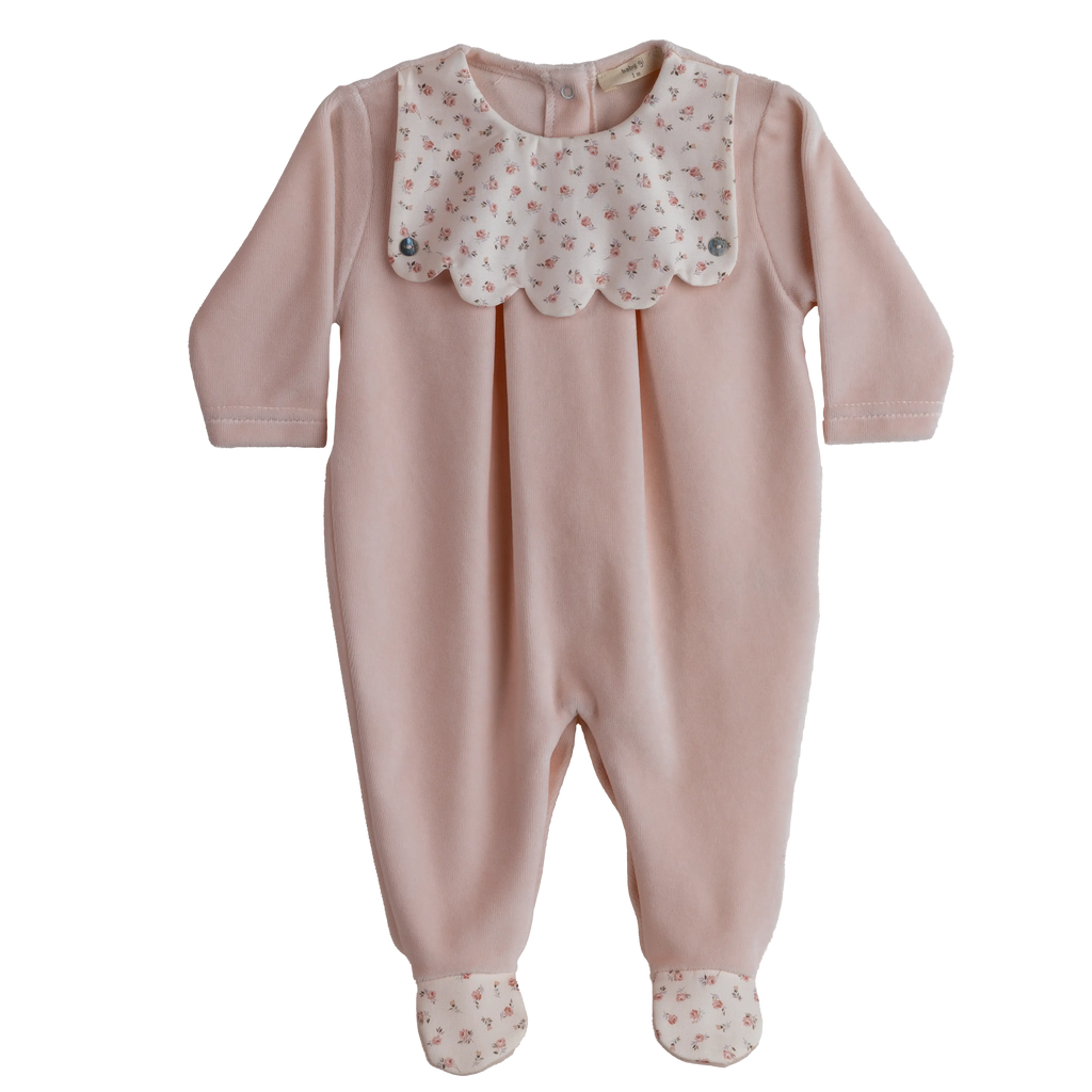 AW24 Baby Gi Peach Pink Velour Floral Scallop Babygrow