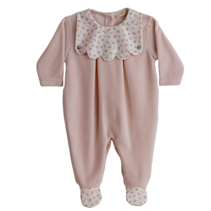 AW24 Baby Gi Peach Pink Velour Floral Scallop Babygrow