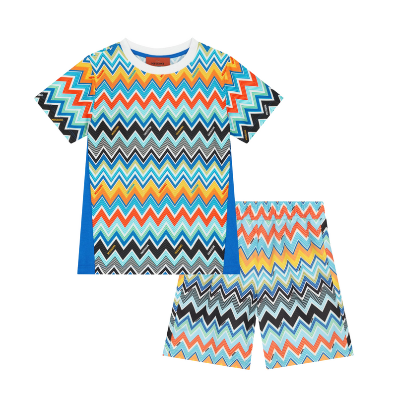 SS25 Missoni Blue Multicoloured Zig Zag Logo Swim Shorts Set