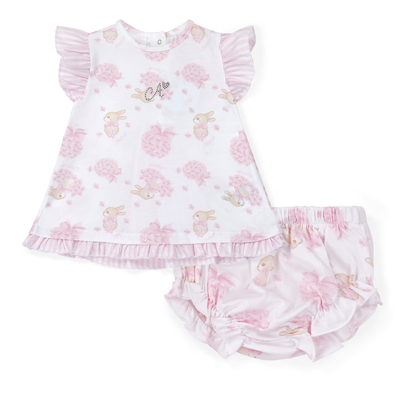 SS25 Little A AMY White & Pink Bunny Logo Frill Dress With Knickers