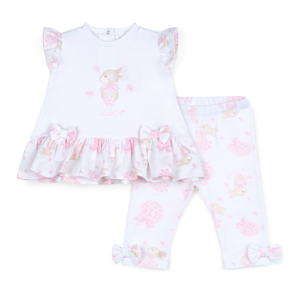 SS25 Little A ALEXA White & Pink Bunny Print Frill Leggings Set