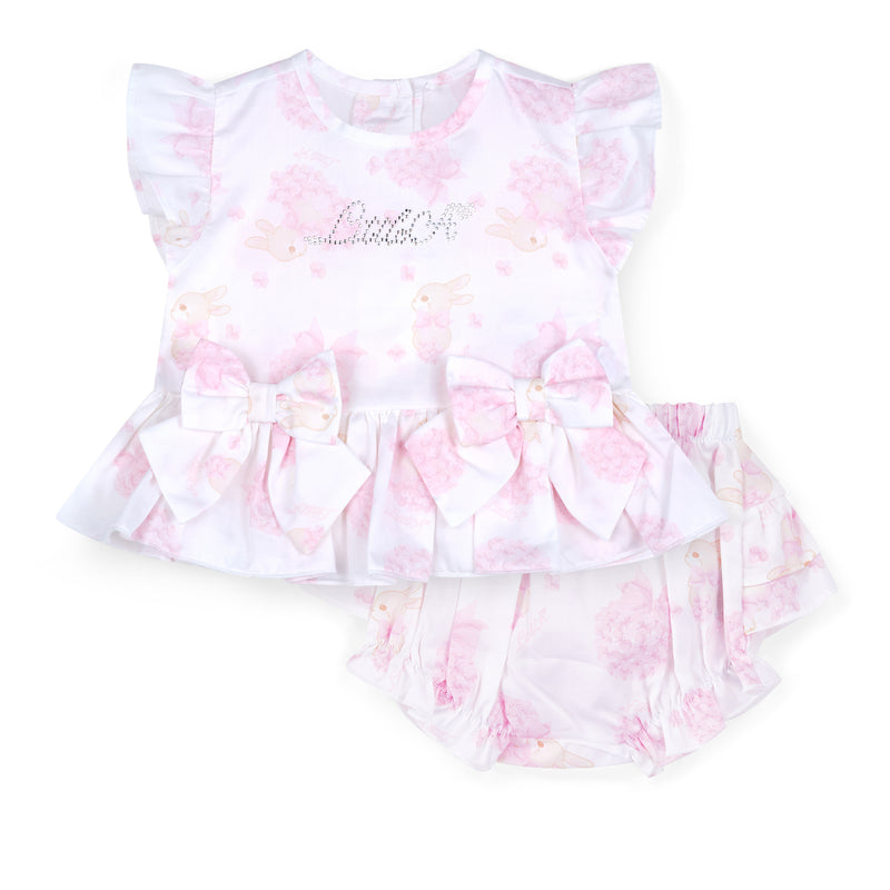 SS25 Little A AYLEIGH White & Pink Bunny Print Logo Bow Frill Jam Pants Set