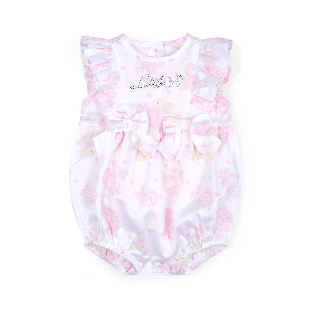 SS25 Little A AMIRA White & Pink Bunny Print Logo Bow Frill Romper