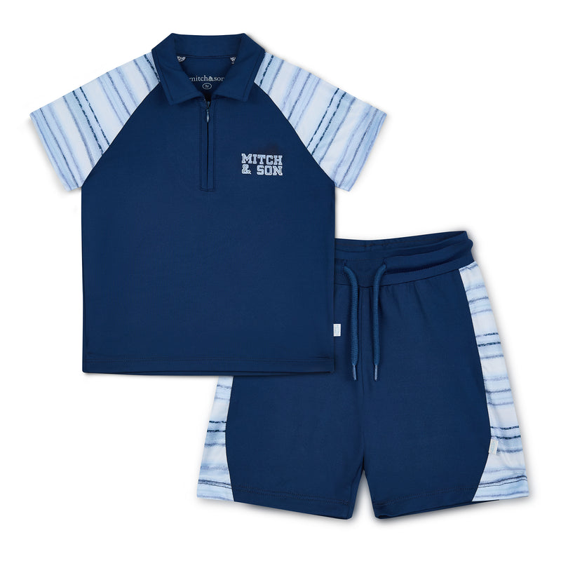 SS25 Mitch & Son FLYNN Blue Poly Striped Polo Shorts Set