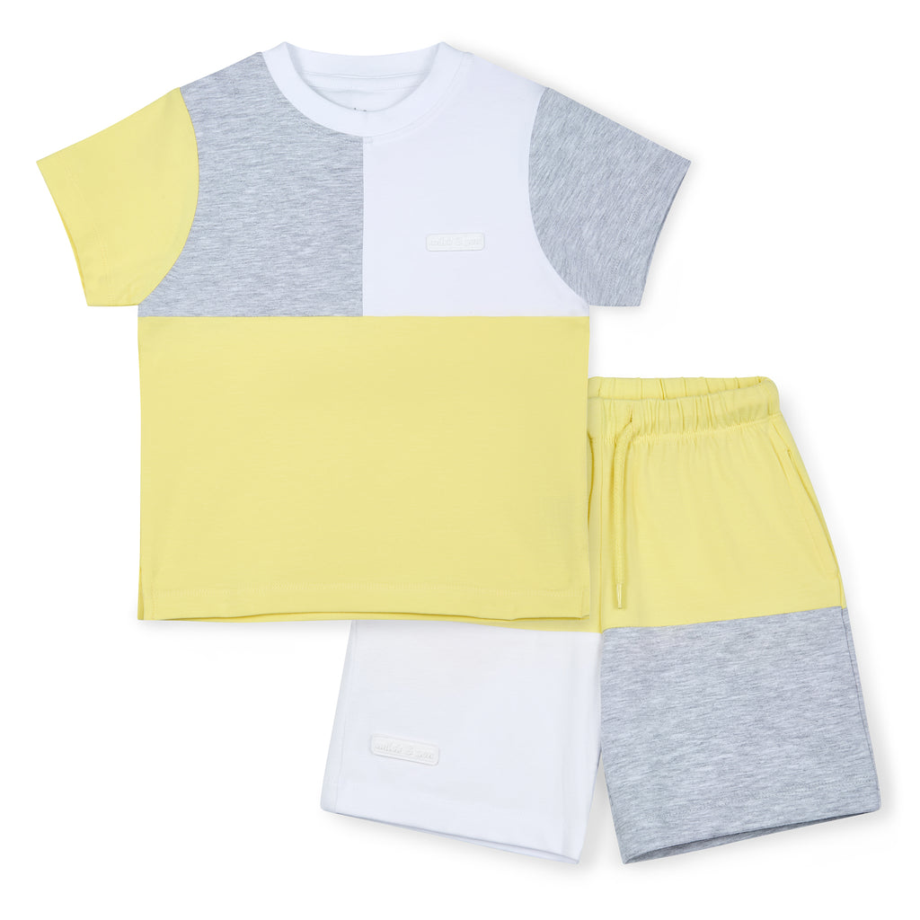 SS25 Mitch & Son GRAY Yellow Grey & White Cut & Sew Soft Shorts Set