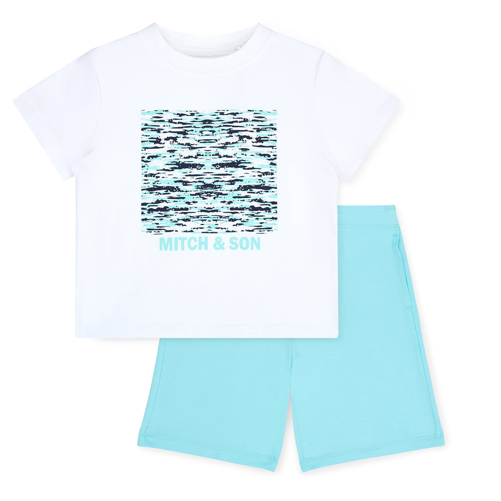 SS25 Mitch & Son Junior HENDRICK White & Turquoise Space Dye Soft Shorts Set