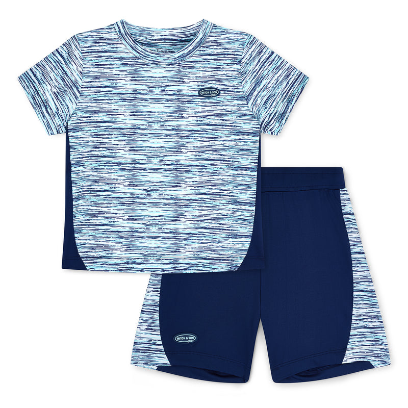 SS25 Mitch & Son Junior HECTOR White & Navy Blue Space Dye Poly Shorts Set