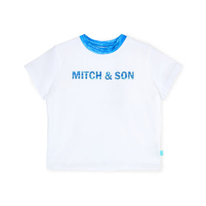 SS25 Mitch & Son Junior HAROLD & HUGO White & Blue Space Dye Logo T-Shirt & Swim Shorts Set