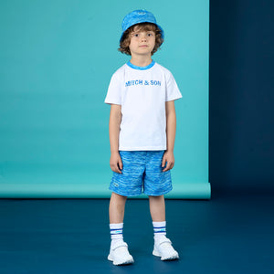 SS25 Mitch & Son Junior HAROLD & HUGO White & Blue Space Dye Logo T-Shirt & Swim Shorts Set