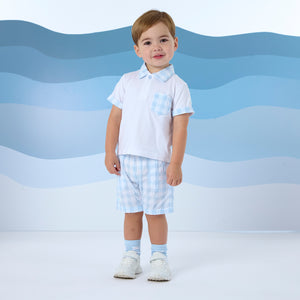 SS25 Mitch & Son FABIAN Blue & White Gingham Polo Pocket Shorts Set