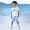 SS25 Mitch & Son FRANK & FALLON Blue & White Logo Striped T-Shirt & Swim Shorts Set