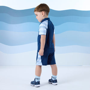 SS25 Mitch & Son FLYNN Blue Poly Striped Polo Shorts Set