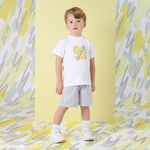 SS25 Mitch & Son GINO White Grey & Yellow Square Logo Soft Shorts Set