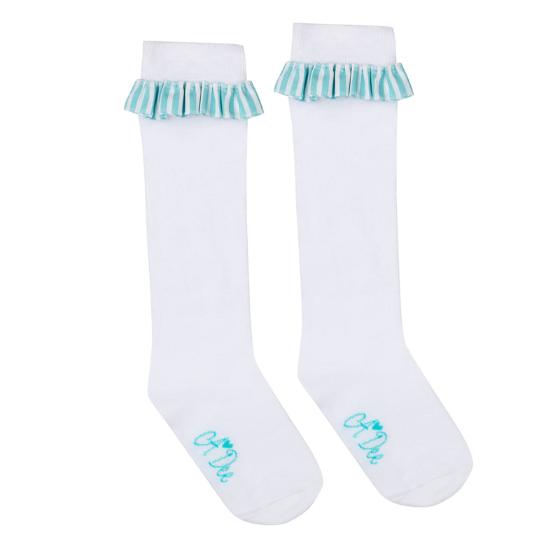 SS24 ADee ORLENA Bright White Stripe Frill Knee High Socks