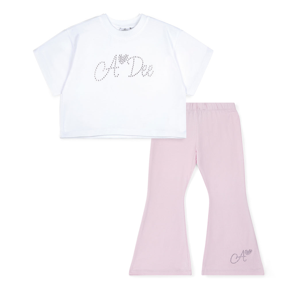 SS25 ADee CHELSEA White & Pink Crop T-Shirt & Flare Leggings Set