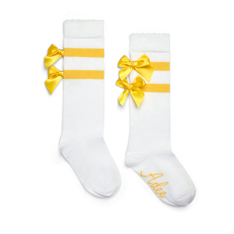 SS25 ADee DAWN White & Yellow Triple Bow Striped Knee High Socks