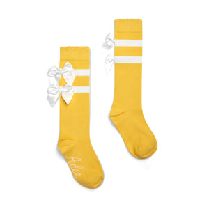 SS25 ADee DAWN Yellow & White Triple Bow Striped Knee High Socks