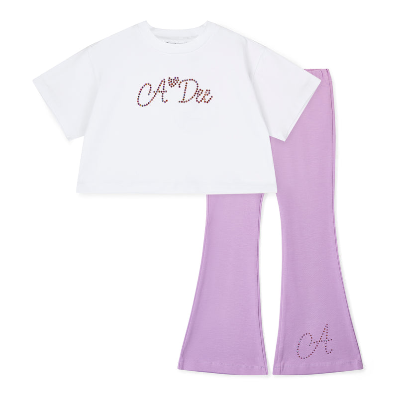 SS25 ADee CHELSEA White & Purple Crop T-Shirt & Flare Leggings Set