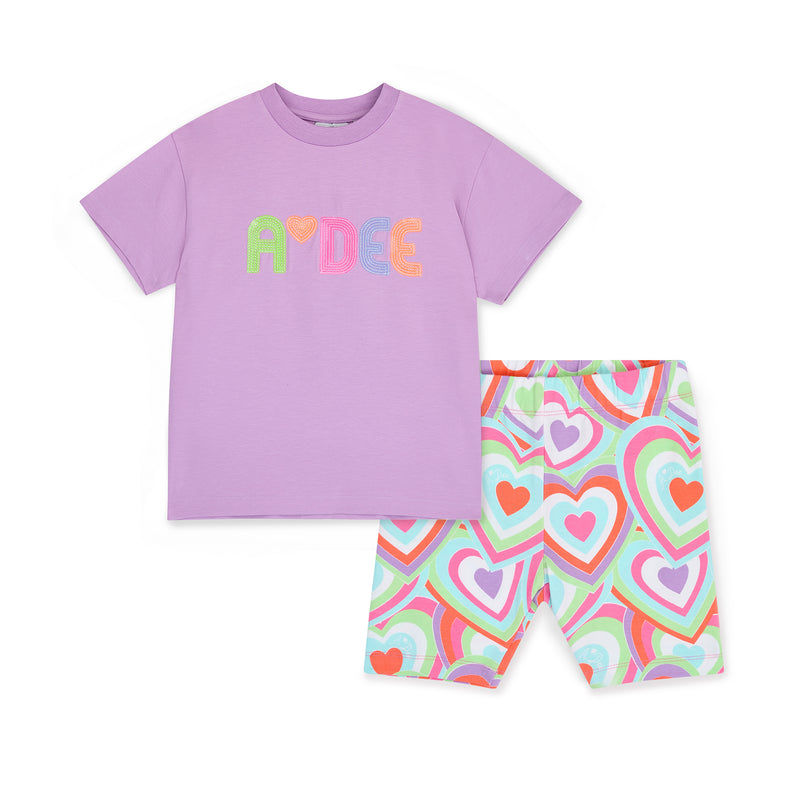 SS25 ADee ELLIE Purple Multicoloured Hearts Cycling Shorts Set