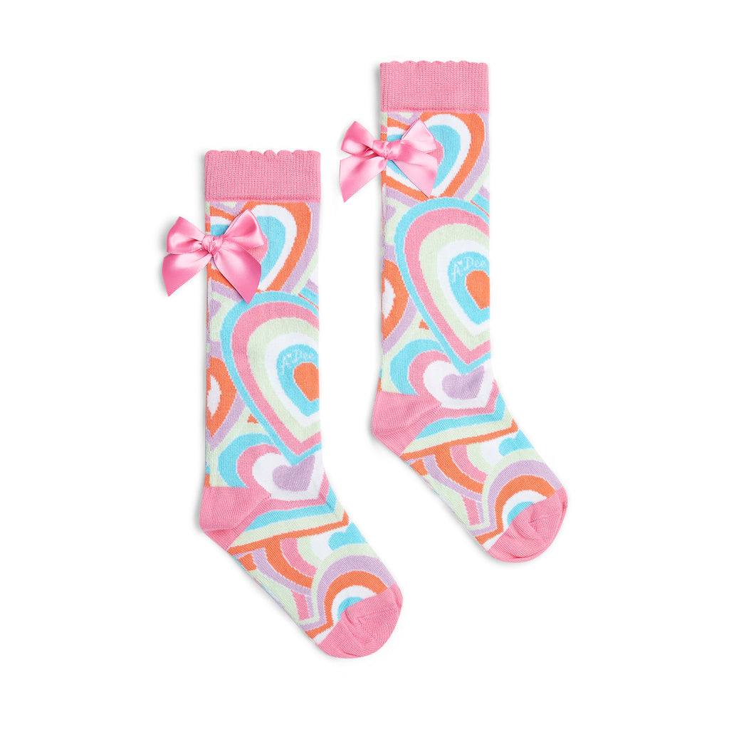 SS25 ADee ELENA Multicoloured Heart Print Bow Knee High Socks