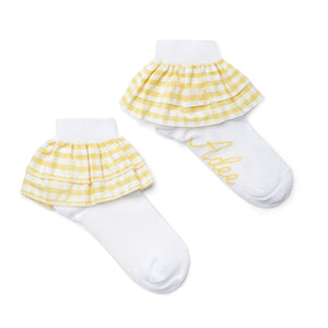 SS25 ADee DINA White & Yellow Check Frill Ankle Socks