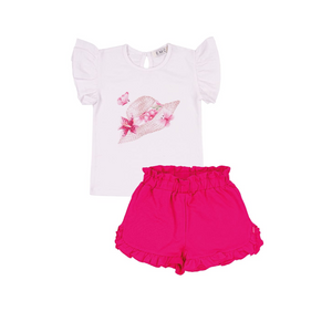 SS25 EMC Fuchsia Pink & White Beach Hat Frill Shorts Set