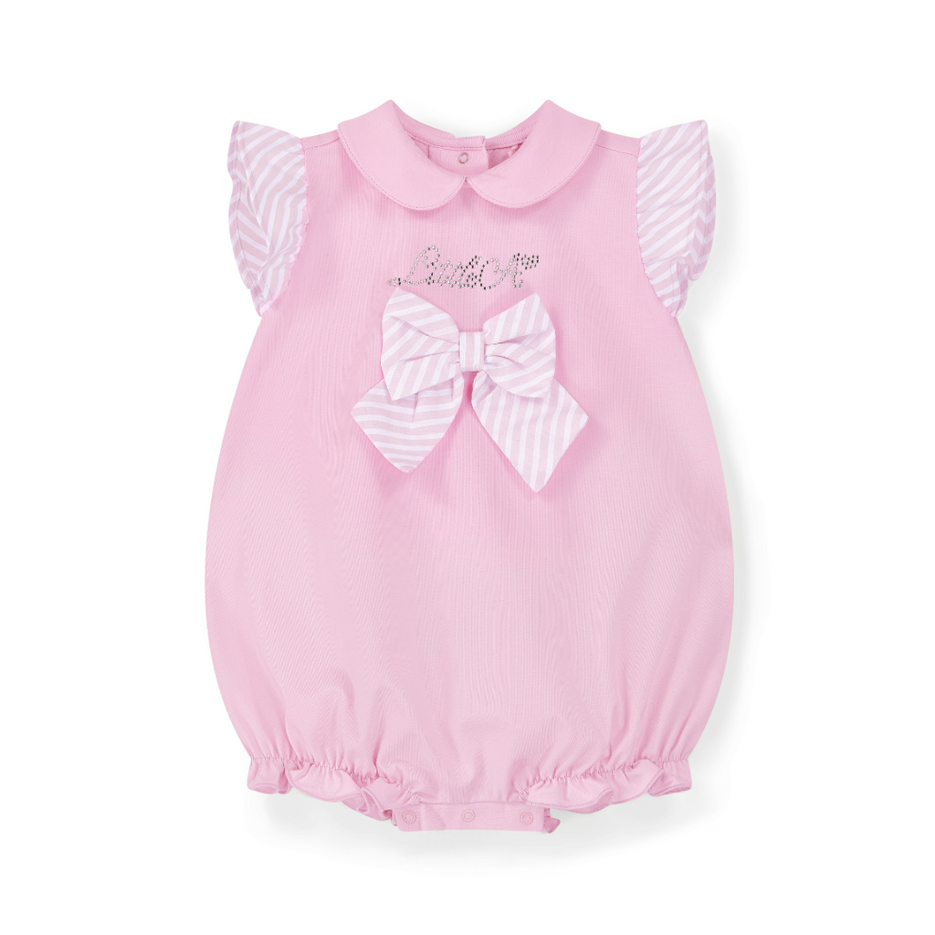 SS25 Little A BAILEY Pink Seersucker Bow Logo Frill Romper