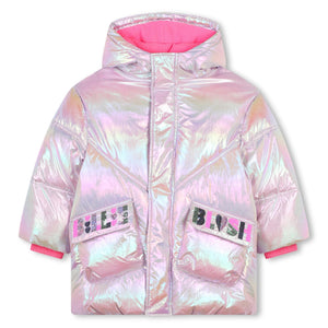 AW24 Billieblush Pink Sequin Logo Metallic Hooded Puffer Jacket