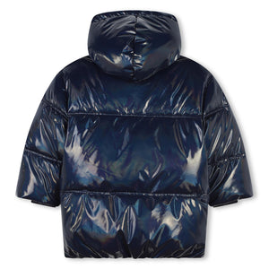 AW24 Billieblush Navy Blue Sequin Logo Hooded Puffer Jacket