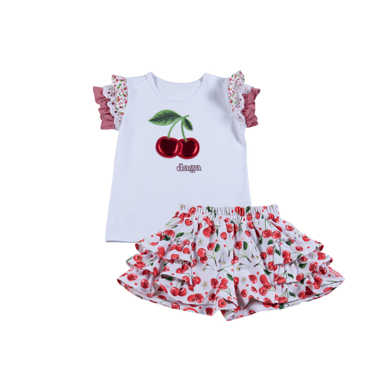 SS25 Daga Red White & Green Cherries Logo Frill Shorts Set