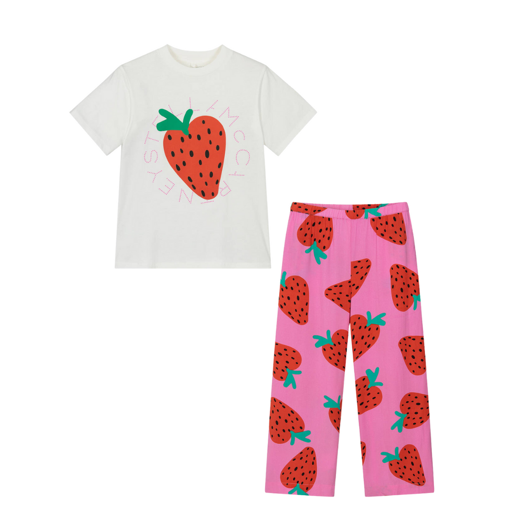 SS25 Stella McCartney Ivory Pink & Red Strawberry Logo Trousers Set