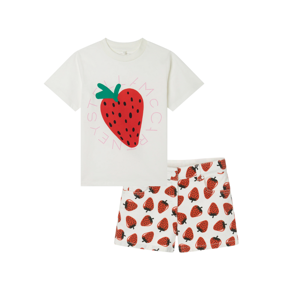 SS25 Stella McCartney Ivory Pink & Red Strawberry Logo Shorts Set