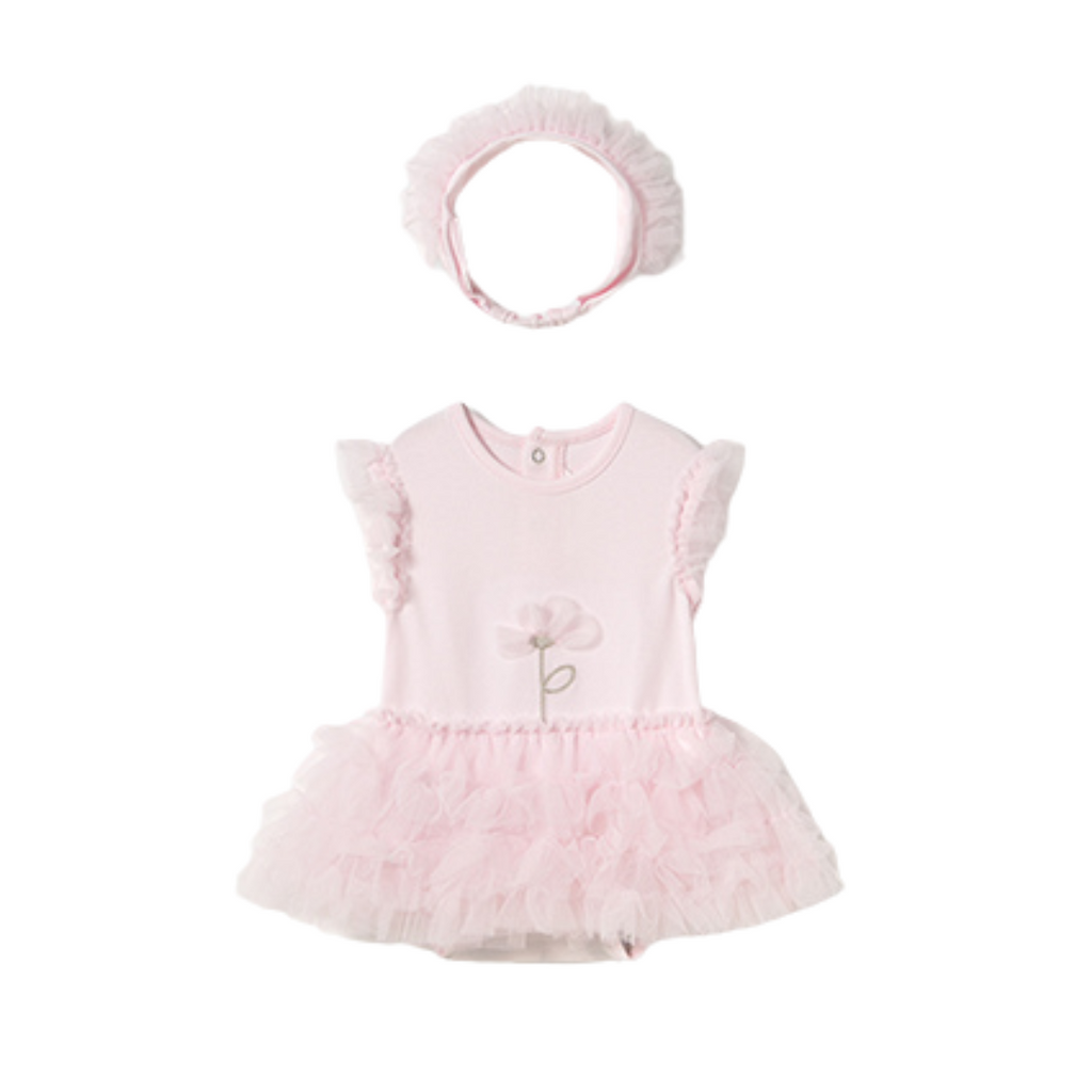 SS25 Mayoral Baby Pink Tutu Flower Romper With Headband