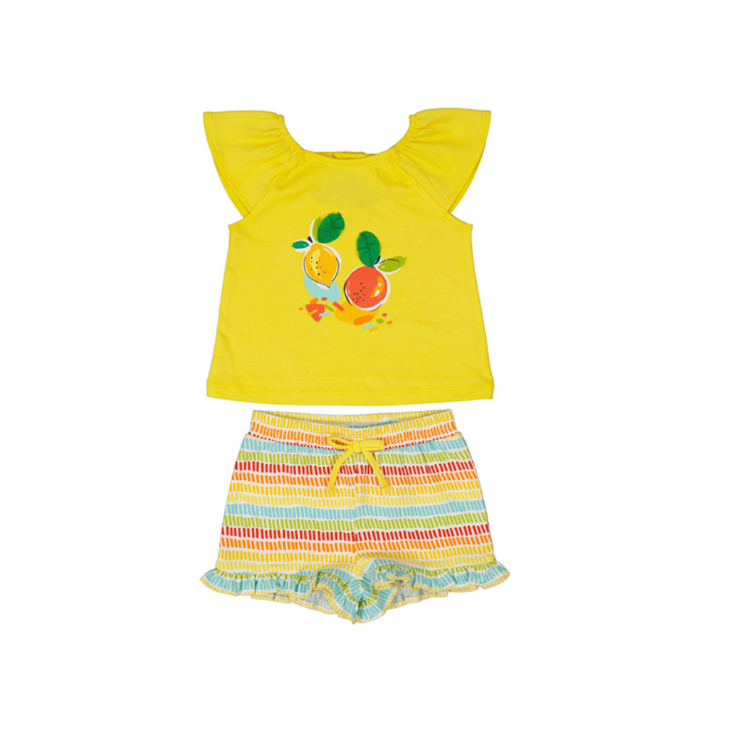 SS25 Mayoral Yellow Multicoloured Fruit Frill Shorts Set