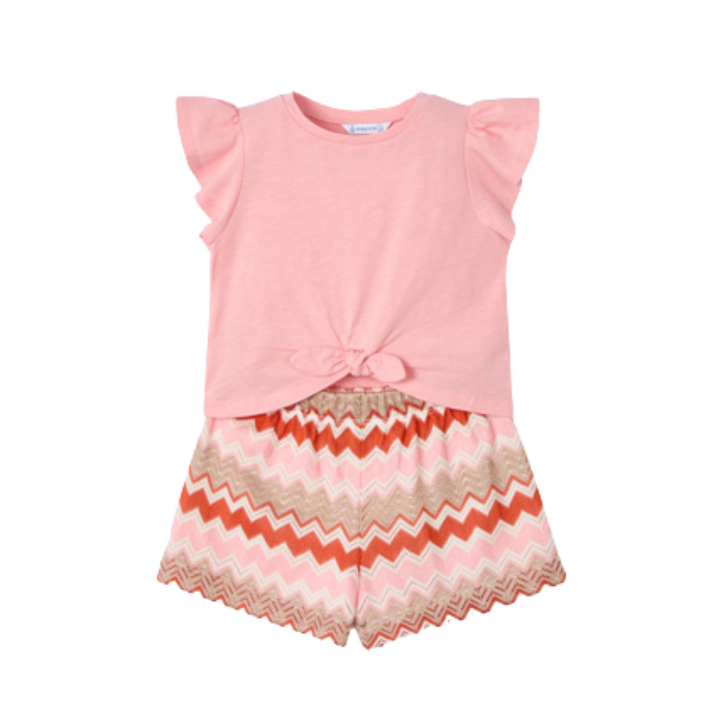 SS25 Mayoral Pink Multicoloured Chevron Bow Frill Shorts Set