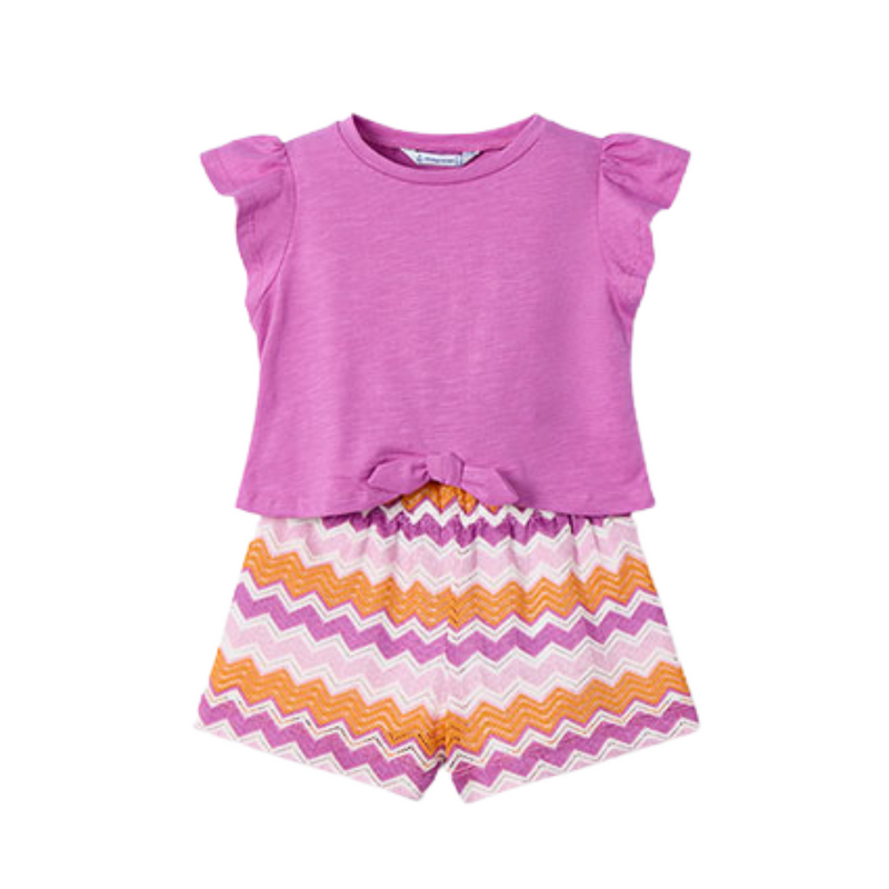 SS25 Mayoral Purple Multicoloured Chevron Bow Frill Shorts Set