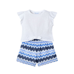 SS25 Mayoral Blue Multicoloured Chevron Bow Frill Shorts Set