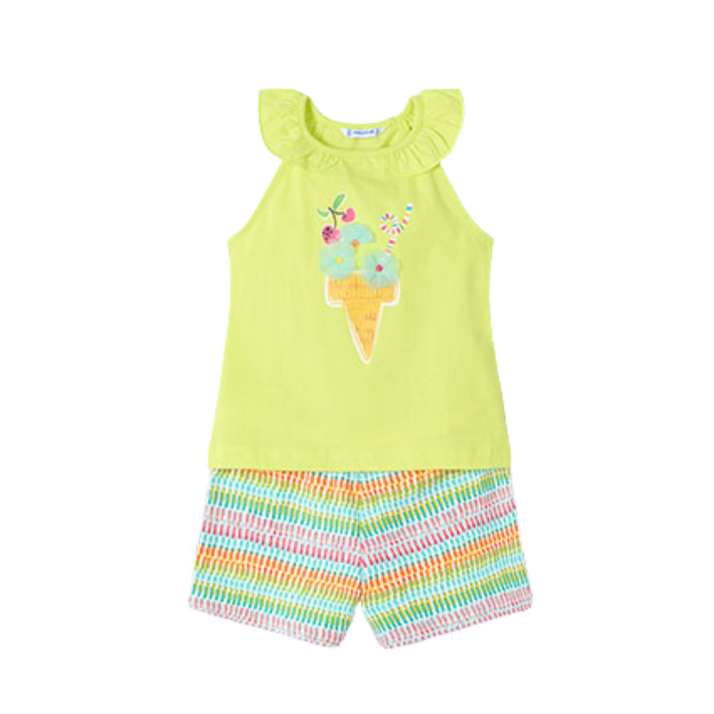 SS25 Mayoral Green Multicoloured Ice Cream Frill Shorts Set