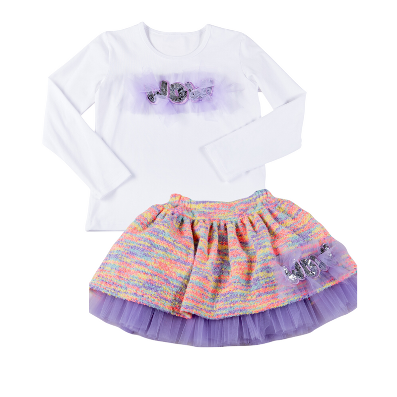 AW24 Daga Purple & White Multicoloured 'Wow!' Tweed Tulle Skirt Set