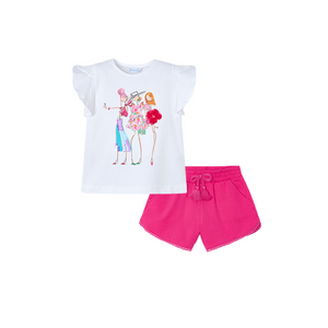 SS25 Mayoral Pink & White Three Girls Frill Shorts Set