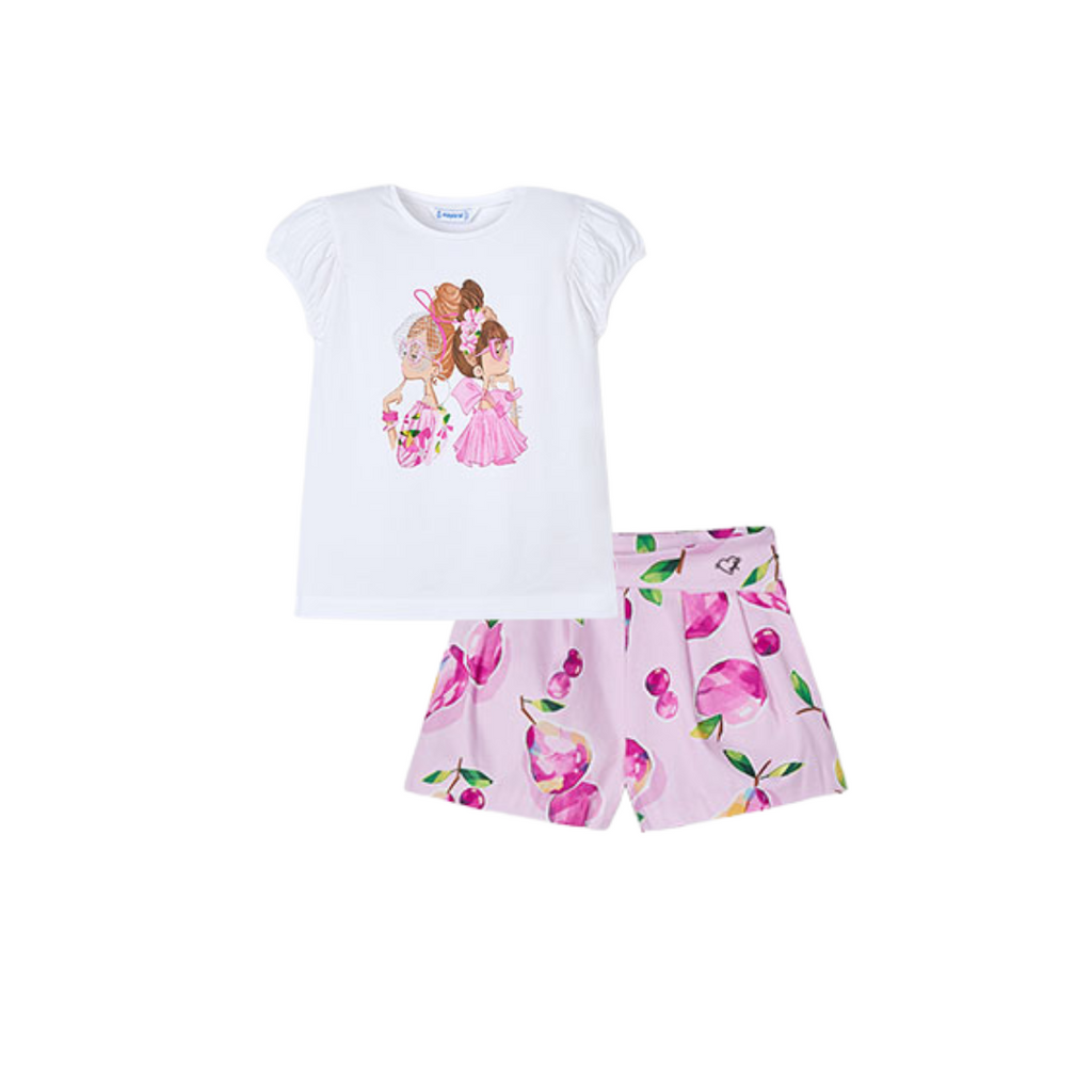 SS25 Mayoral Pink & White Girls Fruit Skort Set