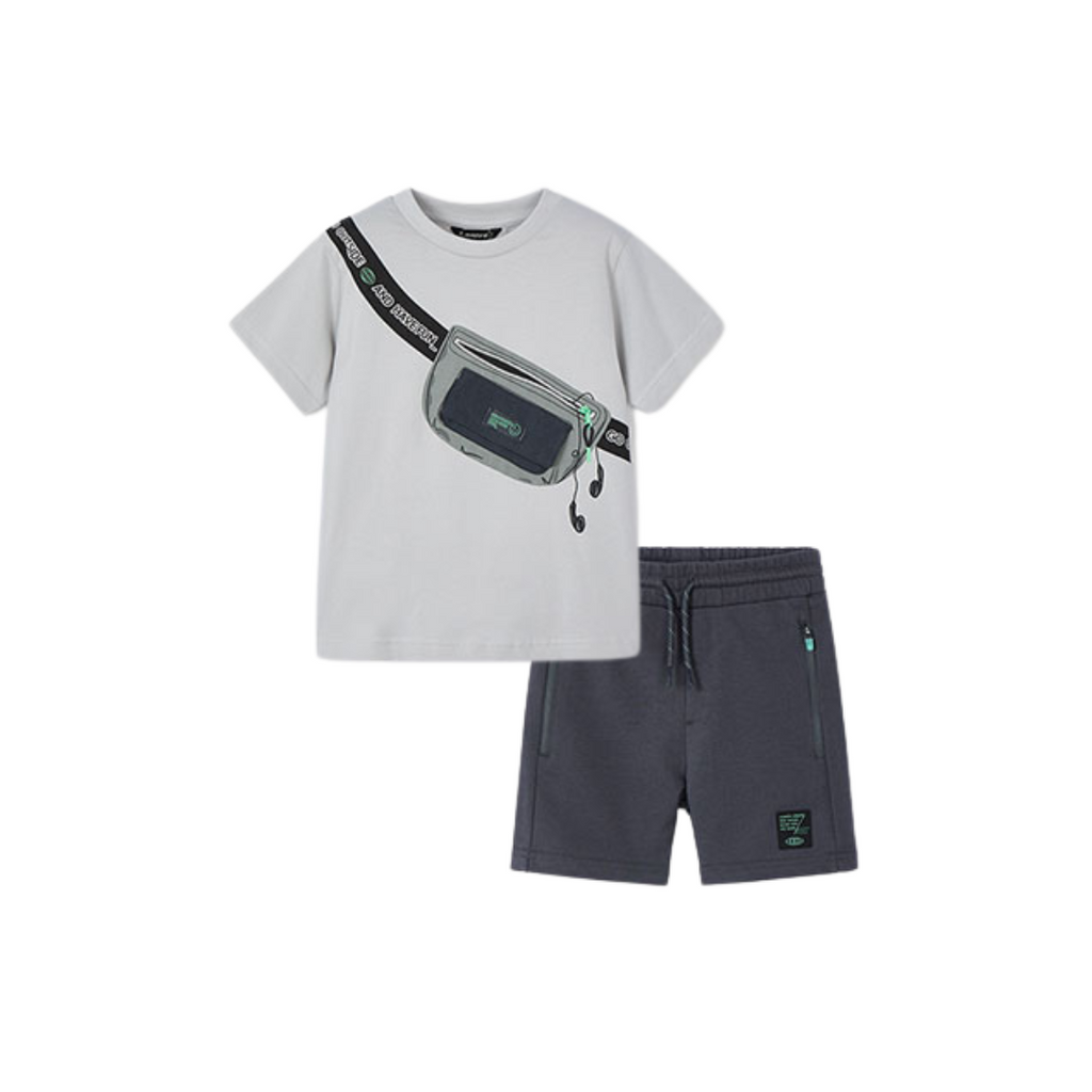 SS25 Mayoral Grey & Green 'Go Outside And Have Fun' Bag Shorts Set