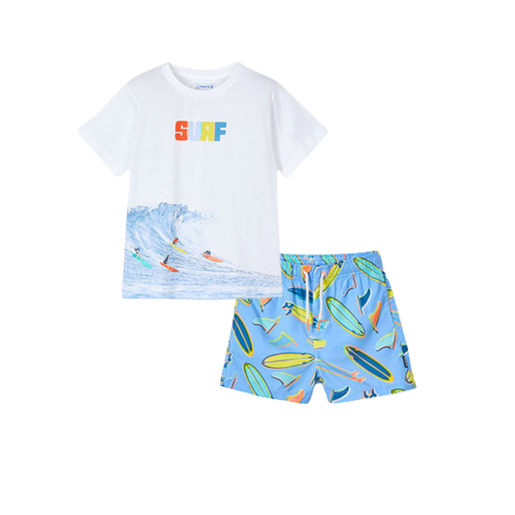 SS25 Mayoral White & Blue 'Surf' Surfboard Swim Shorts Set