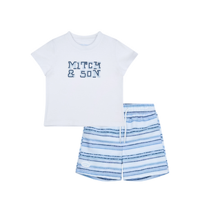 SS25 Mitch & Son FRANK & FALLON Blue & White Logo Striped T-Shirt & Swim Shorts Set