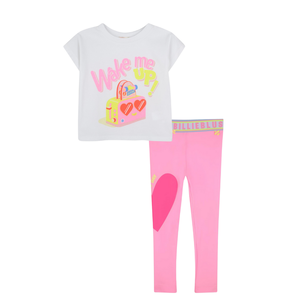 SS25 Billieblush Pink Yellow & White 'Wake Me Up!' Hearts Logo Leggings Set