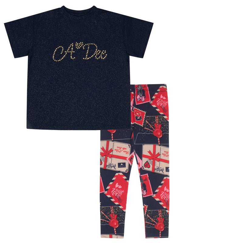 AW24 ADee RIA Navy Blue Baggy Tee Envelope Print Legging Set